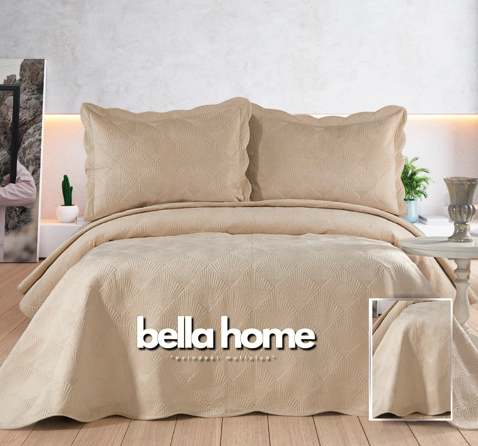 Bella Home Arzen fluweel Bedsprei 2 persoons beige
