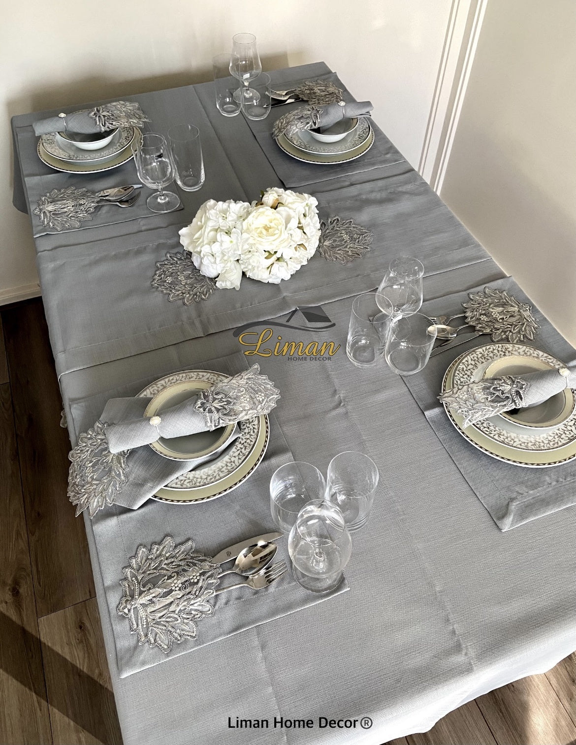 Cinar Tafelkleed Set Met Placemat Grijs 34 Dlg