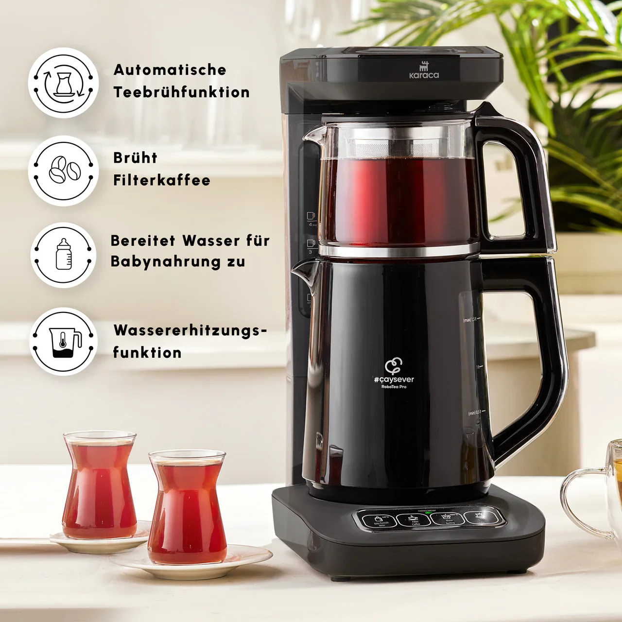 Karaca Caysever Robotea Pro 4 in 1 Elektrische Theepot / Filterkoffie Chrome - Zwart