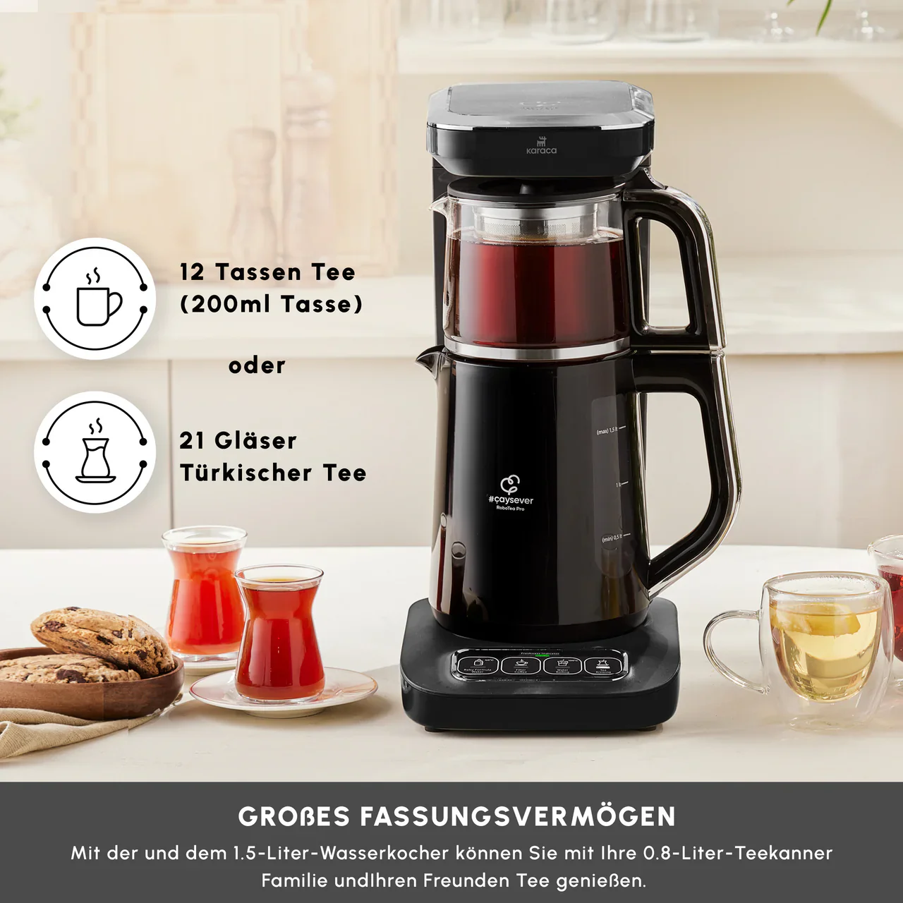 Karaca Caysever Robotea Pro 4 in 1 Elektrische Theepot / Filterkoffie Chrome - Zwart - Image 2