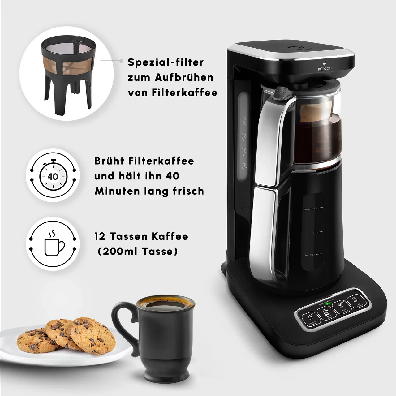 Karaca Caysever Robotea Pro 4 in 1 Elektrische Theepot / Filterkoffie Chrome - Zwart - Image 3