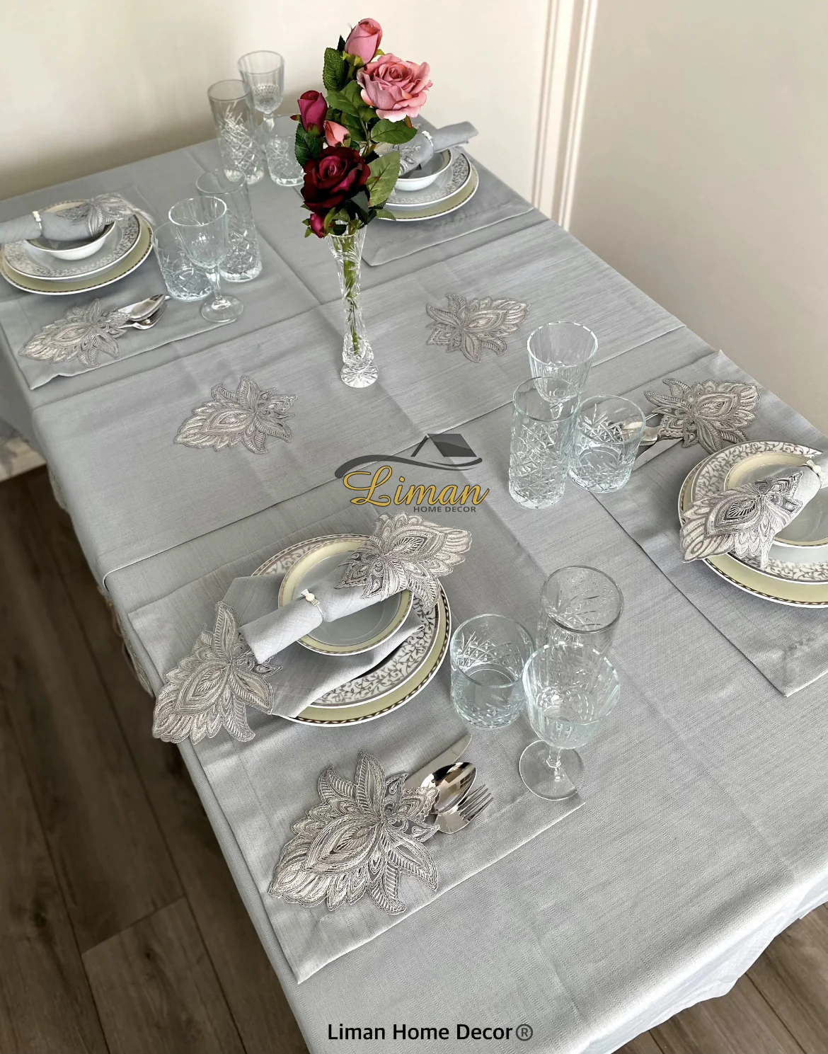 Lotus Tafelkleed Set Met Placemat Grijs 34 Dlg