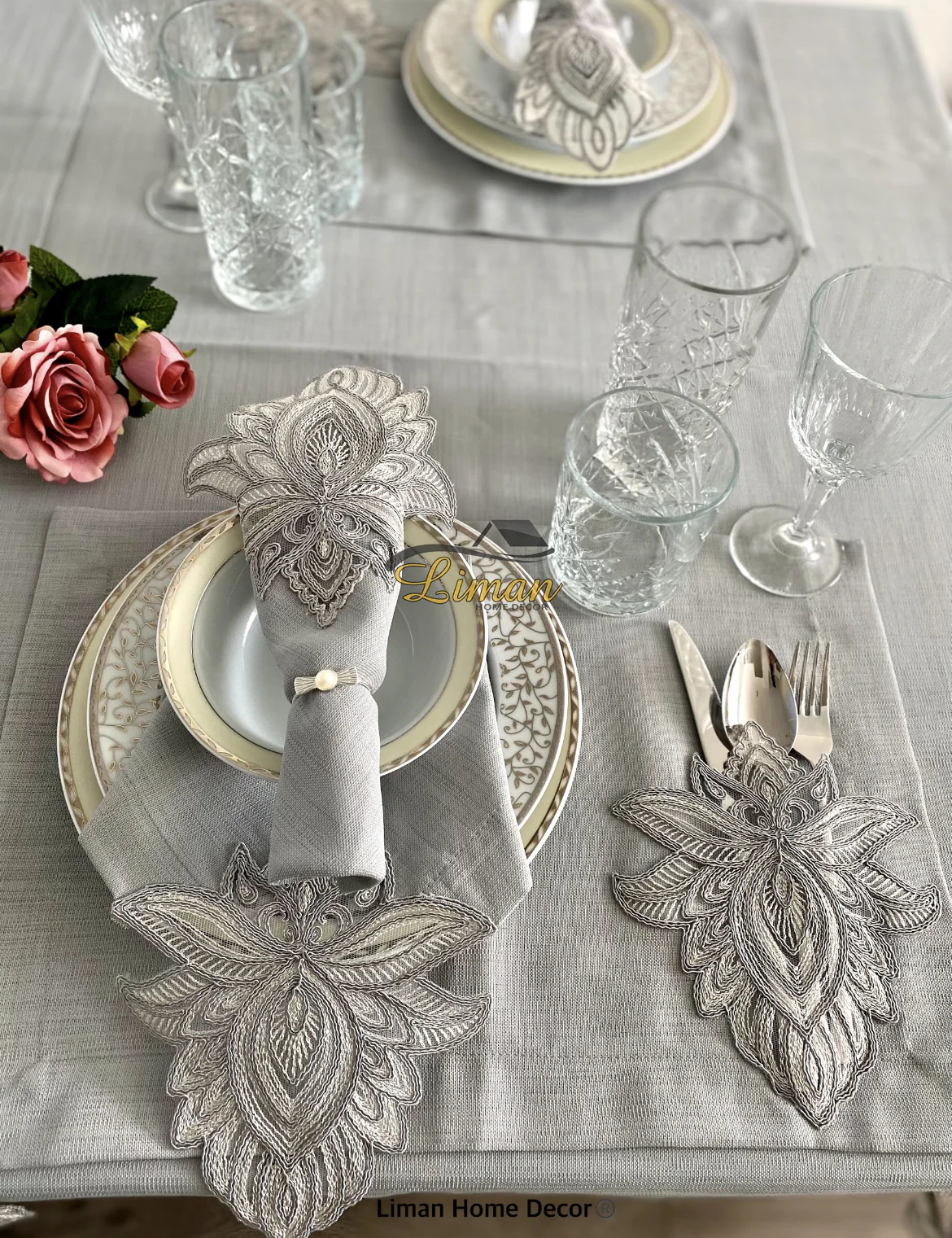 Lotus Tafelkleed Set Met Placemat Grijs 34 Dlg - Image 2