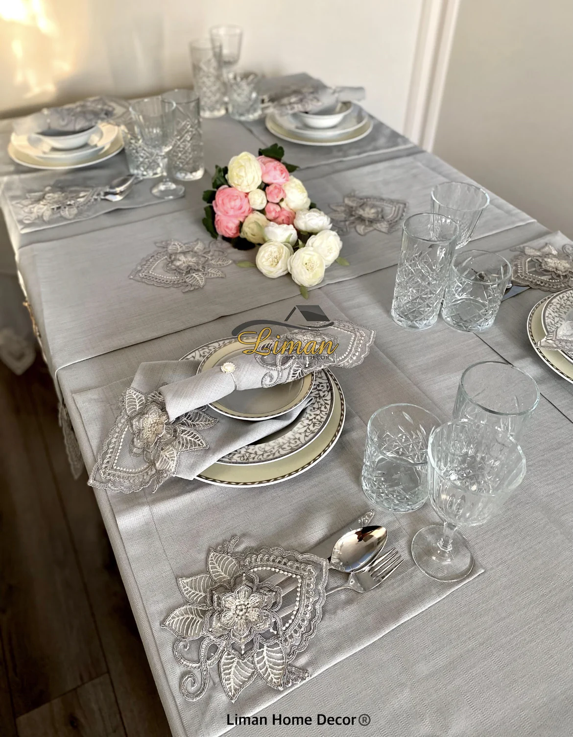 Menekse Tafelkleed Set Met Placemat Grijs 34 Dlg