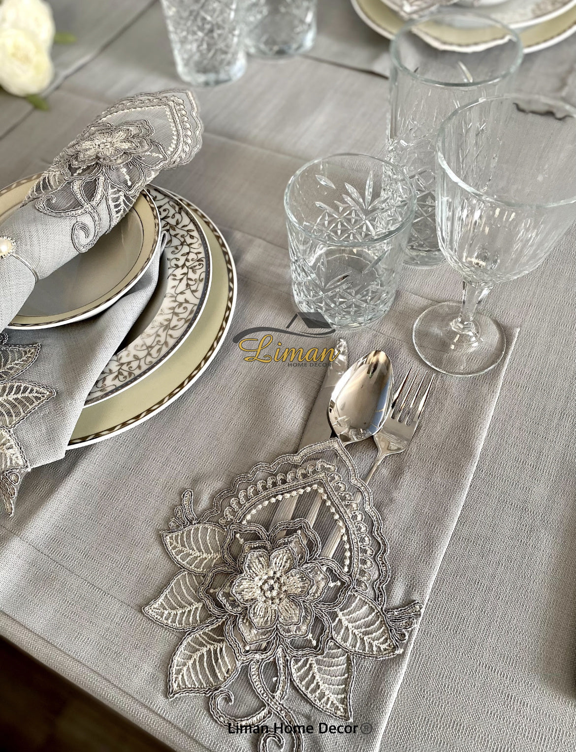 Menekse Tafelkleed Set Met Placemat Grijs 34 Dlg - Image 3