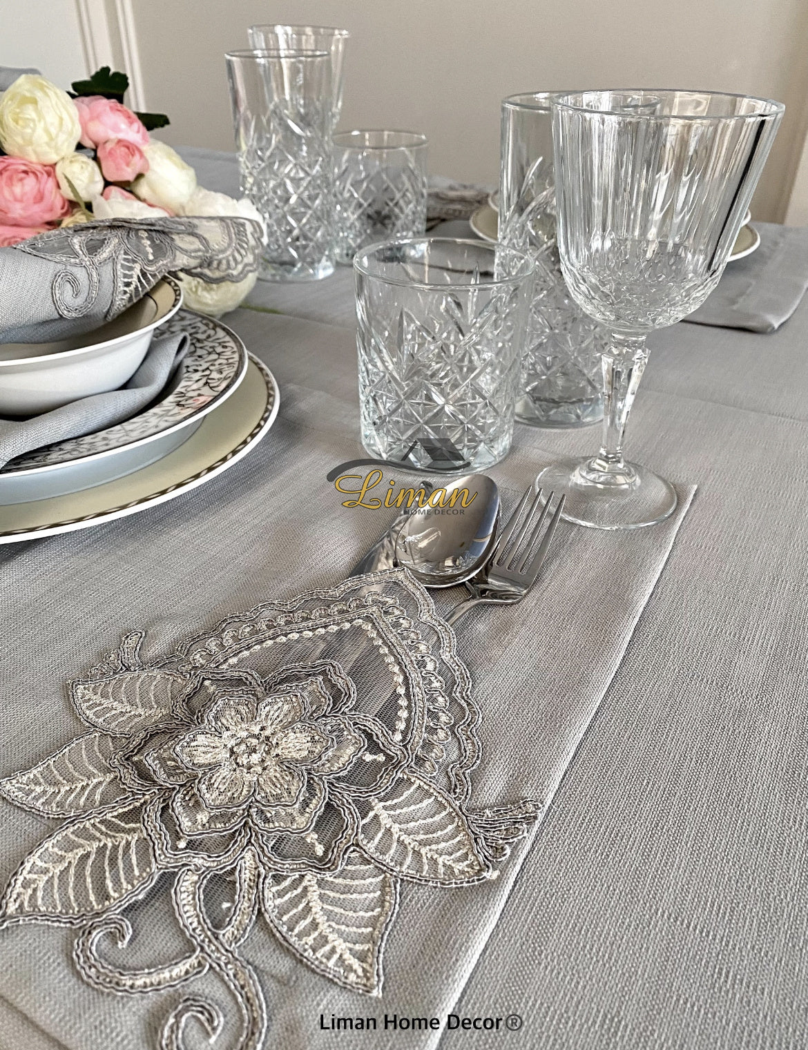 Menekse Tafelkleed Set Met Placemat Grijs 34 Dlg - Image 4