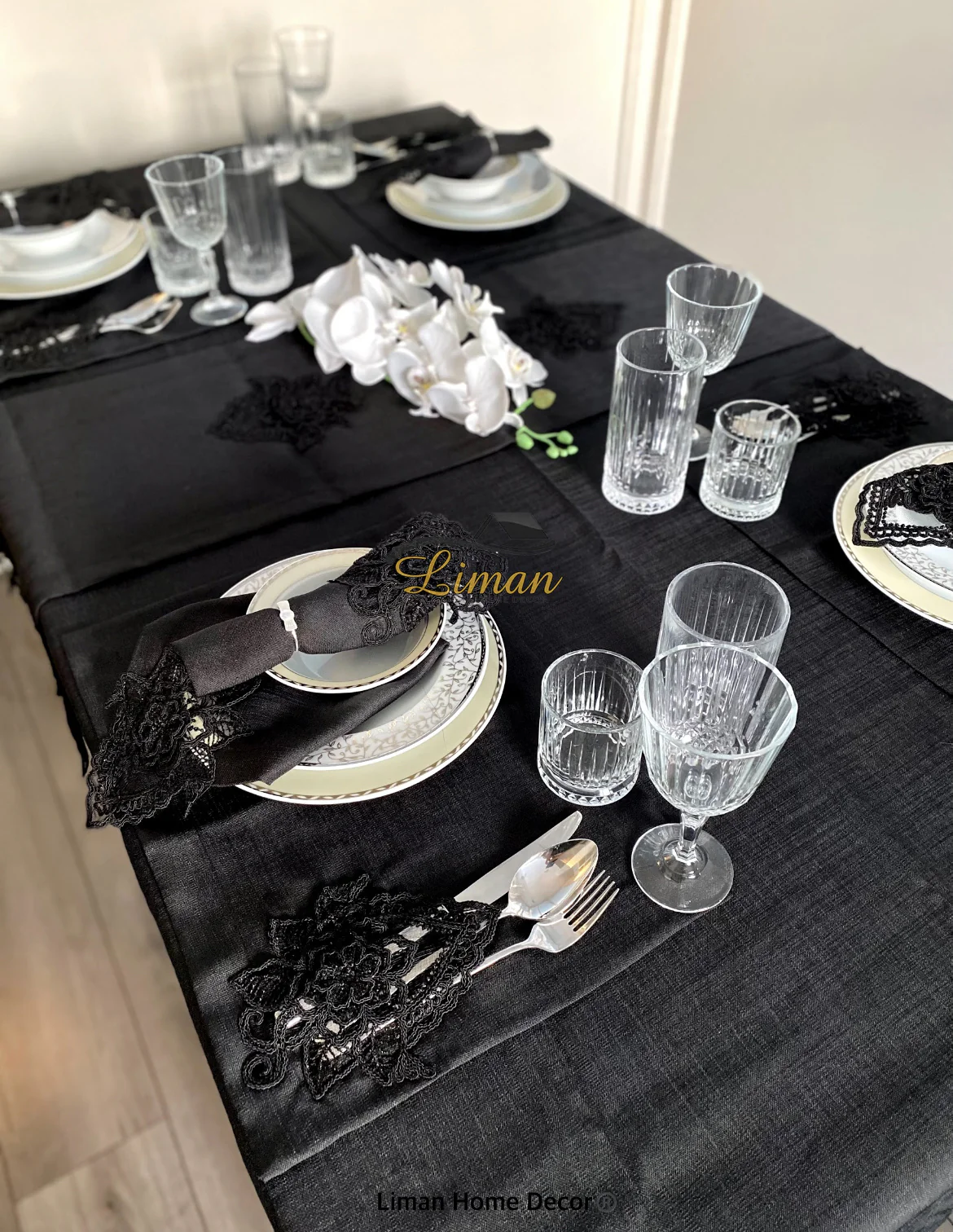 Menekse Tafelkleed Set Met Placemat Zwart 34 Dlg