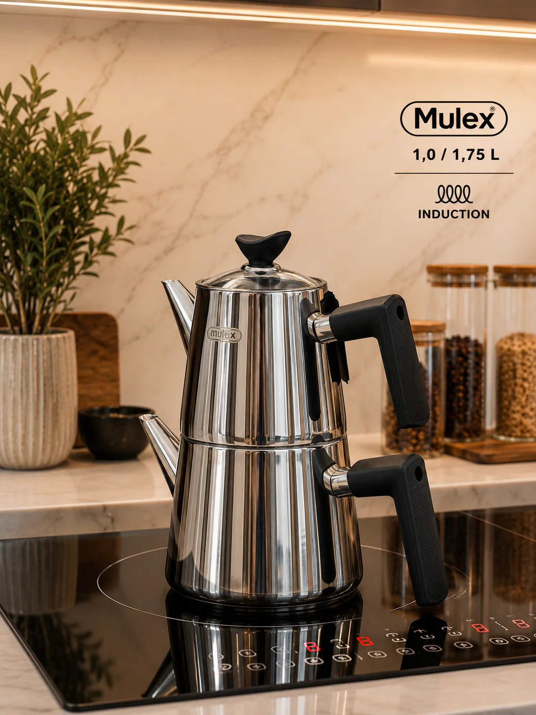 MLX Theepotset 4-dlg - Turkse authentieke theepot RVS ( 1,0 / 1,75 Liter )