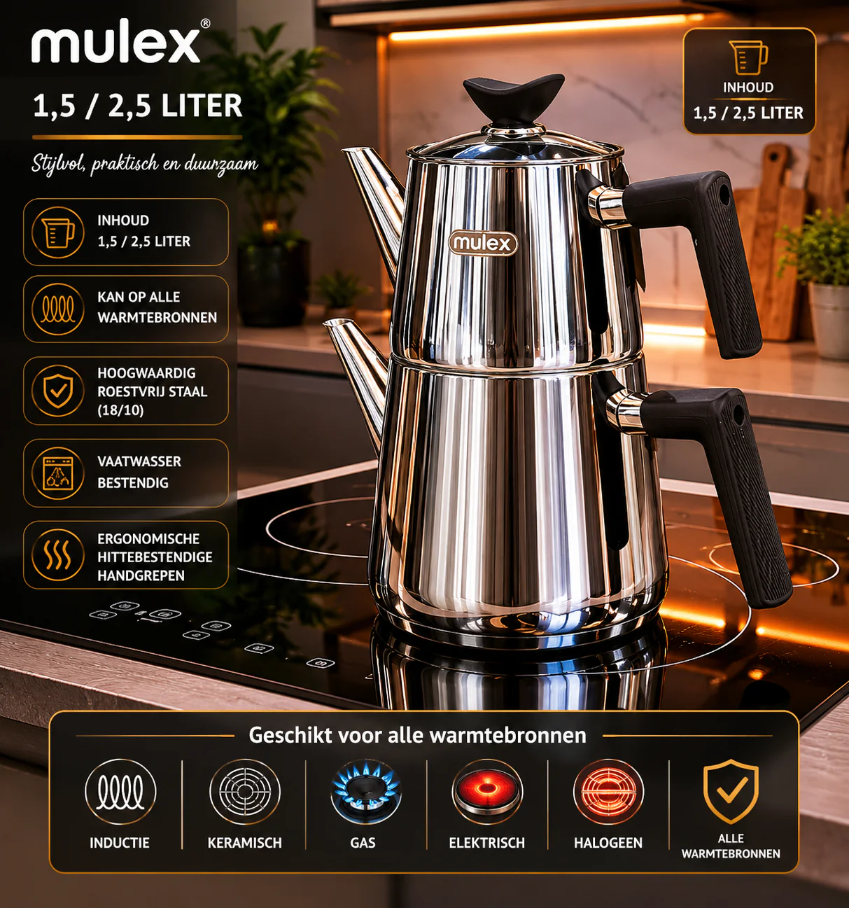 MLX Theepotset 4-dlg - Turkse authentieke theepot RVS ( 1,5 / 2,5 Liter )