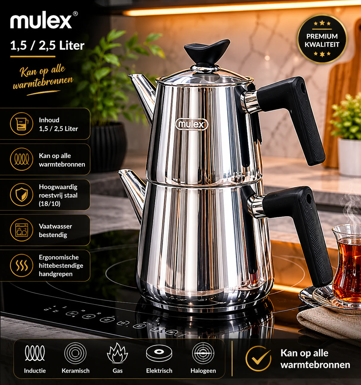MLX Theepotset 4-dlg - Turkse authentieke theepot RVS ( 1,5 / 2,5 Liter ) - Image 4