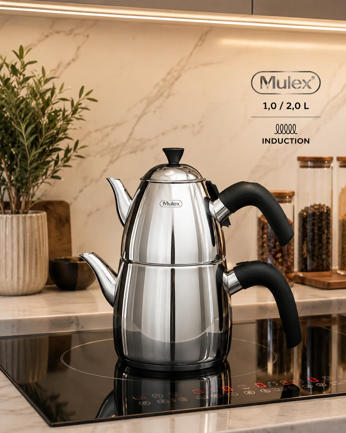 MLX Theepotset 4-dlg - Turkse authentieke theepot RVS ( 1,0 / 2,0 Liter )