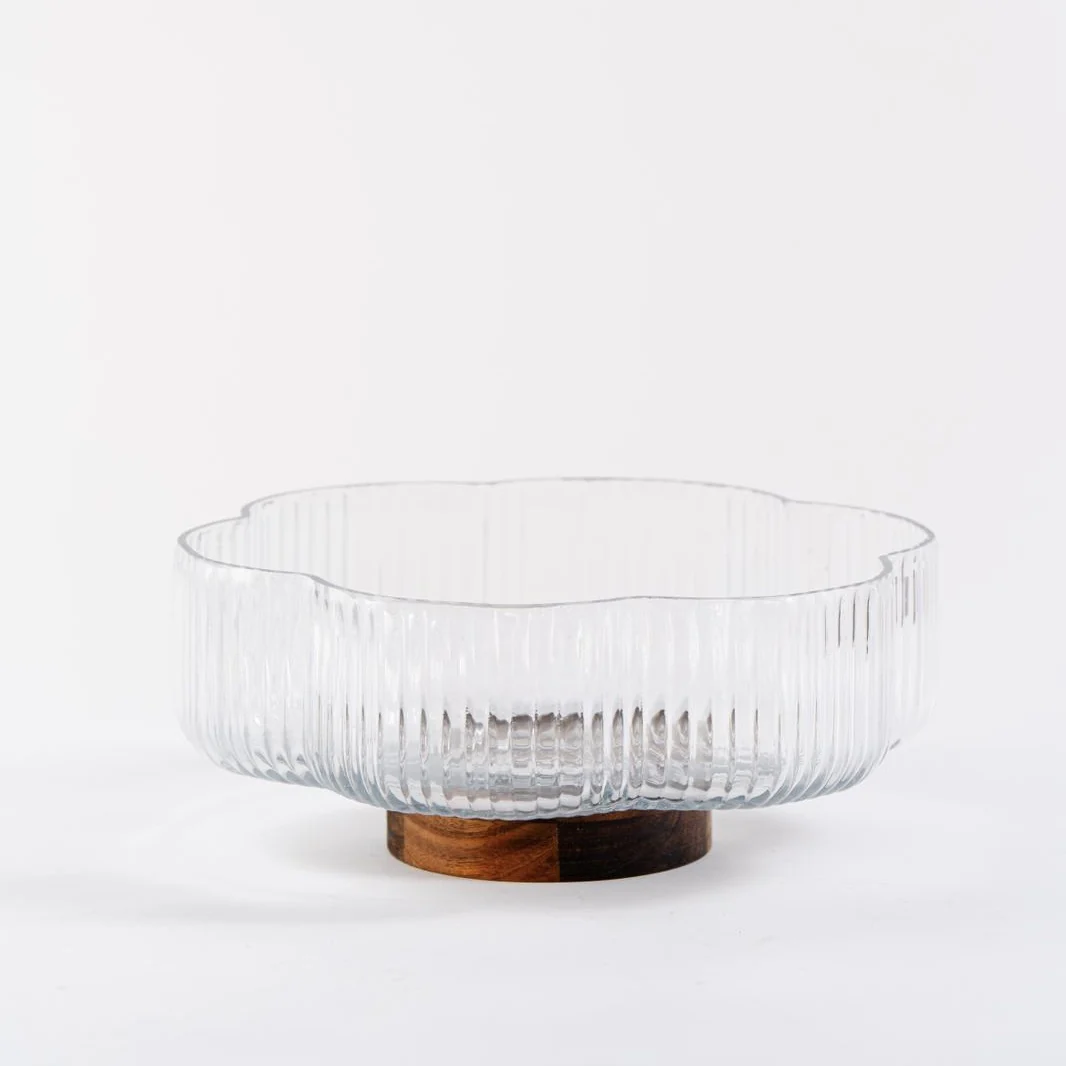 Rustic wood Flower glazen schaal met standaard 26cm